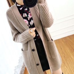 Fall winter wool cardigan women's mid-length V-neck sweater loose thick cashmere knitted jacket LJ201017