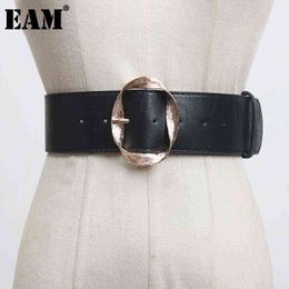 [EAM] Pu Leather Black Big Buckle Split Joint Long Belt Personality Women New Fashion Tide All-match Spring Autumn 2022 1DC098 AA220312