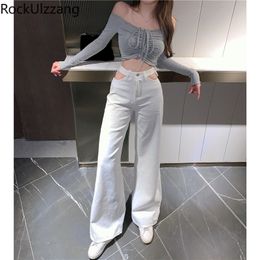 High Waist Cut Hollow Sexy Solid White Blue Washed Denim Pant Long Jeans Women Loose Straight Sexy Slim Fashion Boyfriend Wide 201029