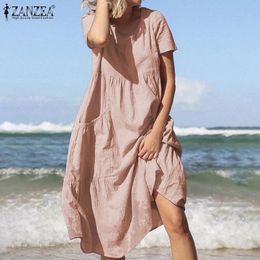ZANZEA Vintage Casual Midi Dress Women's Sundress Elegant Short Sleeve Tunic Vestidos Female O Neck Cotton Robe Plus Size T200416