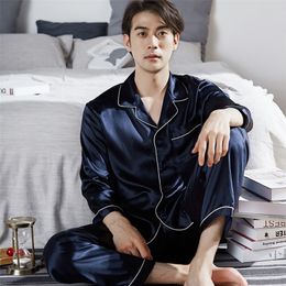 100% Real Silk Pyjamas Set For Men Spring Pijamas Homme Man Blue Long Sleeve Button-Down Home Clothes Sleepwear PJ Sets LJ201112