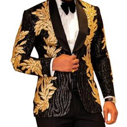 Aesido Luxury Prom Tuxedos Men Suits Shiny Sequin Gold Applique Party Jacket Blazer for Wedding Grooms 2021 201123