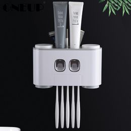 ONEUP Automatic Toothpaste Dispenser Dust-proof Toothbrush Holder With Cups No Nail Wall Stand Shelf Bathroom Accessories Sets LJ201128