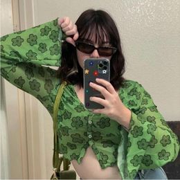 Harajuku Floral Print T Shirt Green T-shirt Y2k Aesthetics Mesh Buttons Flare Sleeve Crop Tops 90s Women Vintage Clothes Summer