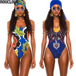 2020 African Print One Piece Swimsuit Swimwear Women Female Deep v-neck Bandage Bathing Suit Monokini Brazilian Trikini Thong T200708