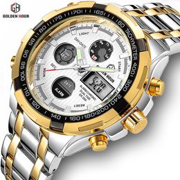 GOLDENHOUR Luxury Men Classic Business Quartz Watch Mens Fashion Dual Display Stainless Steel Wristwatches Waterproof Male Clock LJ201119