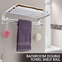 Alumimum Foldable Bathroom Towel Rack Holder Storage Hanger Kitchen Hotel Towel Clothes Shelf With 5 Hooks Y200407