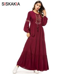 Siskakia étnica bordado geométrico comprido vestido primavera outono mulheres casuais maxi vestidos de manga comprida borgonha lj200818