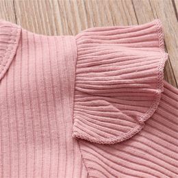 Newborn Baby Girl Clothes Set Pink Knitted Long Sleeve Romper Tops Denim Pants Headband Fashion Fall Infant Clothing Outfit LJ201223