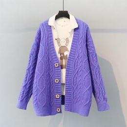 H.SA 2020 V neck Long Sweater and Cardigans Long Sleeve Button Up Twisted Loose Knit Jacket Oversized Casual Coat Knitwear LJ201112