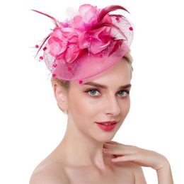 Women Wedding Flower Feathers Hair Accessories Headwear Mesh Party Bridal Cocktail With Clip Headband Fascinator Hat