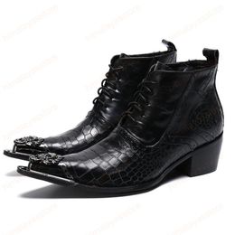 Plus Size Alligator Pattern Metal Toe Man Handmade Oxford Shoes Vintage Genuine Leather Men's Ankle Boots