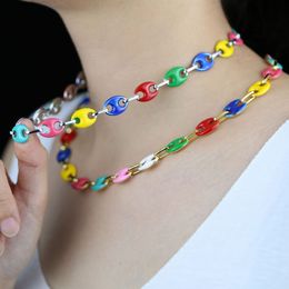Iced out Rainbow Enamel Necklace Colorful Enamel Necklace Oval Link Chain Chocker Necklace For Women Fashion hip hop Jewelry Wholesale
