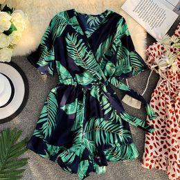 Summer Women Fashion V-neck Printed Floral Playsuit Wide-leg Shorts Waistband Ladies Holiday Trumpet Sleeves Romper Overalls T200701