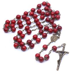 Vintage Catholic Religious Jewellery Christian Ancient Bronze Glass Beads Long Pendant Cross Rosary Necklace