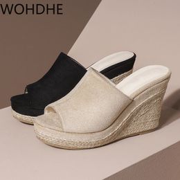 Women's Wedge Slipper Summer High Heels Slippers Slanted Heel Sandals Fish Mouth Straw Thick Bottom Wedges Slippers Casual Shoes X1020