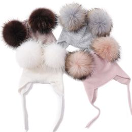 Winter Kids Beanie Hat Real Big Cute Two Fur Pom Pom Cap Boys Girls Baby Wool Knitted Warm Beanie Children Ears Hats Y201024