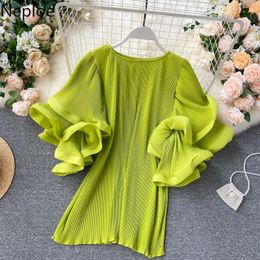 Neploe Chiffon Women Blouses Korean Pleated Causal Solid Shirts Summer 3D Flare Short Sleeve O-neck Blusas Feminimos 4B226 201201