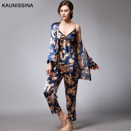 Women 3 Pieces Silk Pyjamas Sets Sexy Pyjamas Kimono Robe Printed Sleepwear Kit Female Nightwear Satin Loungewear Summer Spring T200707