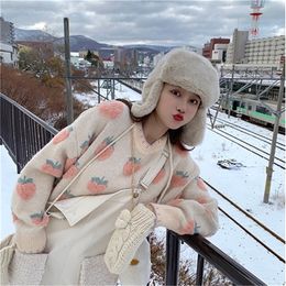 Spring Winter Sweet Lolita Cute Pink Cartoon Strawberry Peach Snowflake Knit Women Casual Pullover loose Sweater Long Style Top 201109