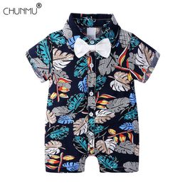 Newborn Baby Summer Rompers Boys Girls Toddler Short Sleeve Sleepwear for Infant Foral Bow Tie Jumpsuit Baby Clothing 201027