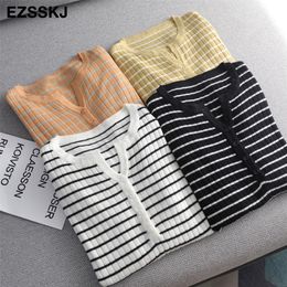 Autumn spring Striped thin knit loose Sweater Pullovers Women female lazy soft button sweater v-neck knit Jumpers Pullover LJ201017