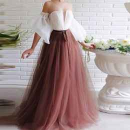 2020 Off The Shoulder Prom Dresses strapless Puff Sleeves Vestido De Festa Soft pleated Tulle Formal Evening Party Gowns floor length