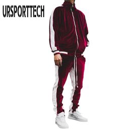 Gold Velvet Tracksuit Men's Set Spring Autumn Sport Suit Male Plus Thick Hoodies+ Pants Warm Sweatshirt Sportswear 211230