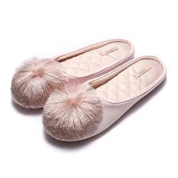 Chic Tassel Pom-Pom Women House Slippers Slip-on Comfort Memory Foam Cotton Shoes Spring Autumn Bedroom Ladies Silk Slides W220218