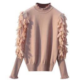 HLBCBG Ruffled Collar Knitted Women Sweater Spring Autumn Loose Jumper Fashion Flowers Sleeves Sweater and Pullover Femme Pull 201221
