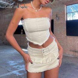 Streetwear Fashion Denim Corset Harajuku Sexy Cute Solid White Cropped Tank Tops Retro Backless Y2K Grunge Vests Cuteandpsycho Y220308