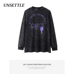 Gothic Heavy Washed Grunge Style T-shirt Print Men Long Sleeve Hip Hop Oversized Streetwear Sweatshirt T-shirts Cotton Tops 201203