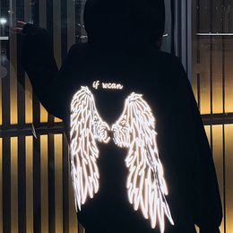long sleeve reflective shirt Harajuku shirts women japan oversize black angel wing shirt women shiny tshirt with a hood hoodies 201102