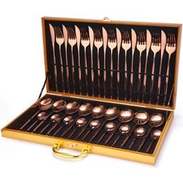 24pcs Golden Cutleri Fork Spoon Knife Gold Cutlery Stainless Steel Aristocratic Upscale Specular Light Luxury Home Dinnerwar Set 201116