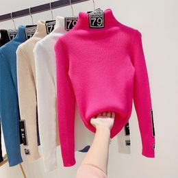 Letter Patch Sweater Thickened High-collar Sweater Female Autumn Winter Body Pullover Knitted Shirt Long Sleeve Jumper Women 201017