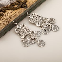 Carving Flower Coin Statement Dangle Ancient Antique Silver Ethnic Bohemian Gypsy India Style Jewellery