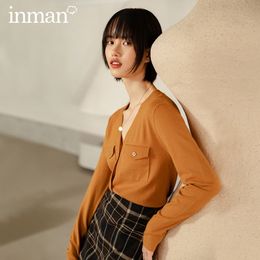 INMAN Autumn New Arrival V-neck Front Pocket Multi-color Simple Long Sleeved Single-breasted Cardigan Sweater 201029