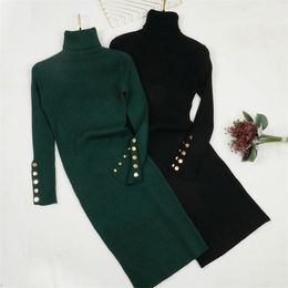 Women Autumn Winter Button Long Sleeve Knitted Slim Dresses Female Ladies Turtleneck Sweater Dresses Elastic Knit Dress Vestidos 201008