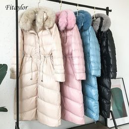 Fitaylor Real Natural Fox Fur Winter Jacket Women Long White Duck Down Jacket Outwear Hooded Coat Thick Warm Down Parkas 201103