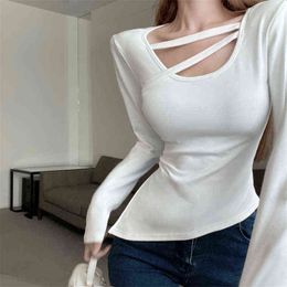 Korean Irregular Design Top Slim Long-sleeved T-shirt Cross-neck Bottoming Shirt 2022 Spring and Autumn New Clothing Women H1230