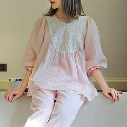 Women's Lolita Pyjama Sets.Embroidered Flowers Tops+Long Pants.Vintage Ladies Girl's Pyjamas Set.Victorian Sleepwear Loungewear T200707