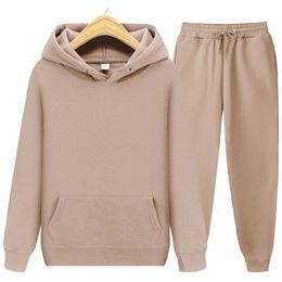 Two Piece Sets Men Women Casual Solid Color Pullover+Pants Sportswear Suit Autumn Hoodies Jogger Sport Sets Men's Tracksuit 211222