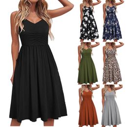 Casual Dresses Fashion Women Spaghetti Strap Solid Dress Sexy V-Neck Beach Swing Sundress Evening Party Vestidos De Fiesta