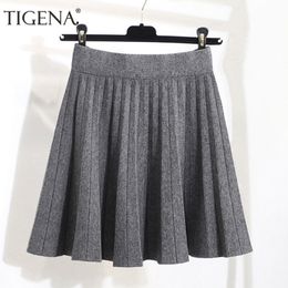 Tigena Autumn Winter Knitted Warm Cotton Skirts Women Fashion High Waist Pleated Mini Skirt Female School Black Khaki Gray T190827