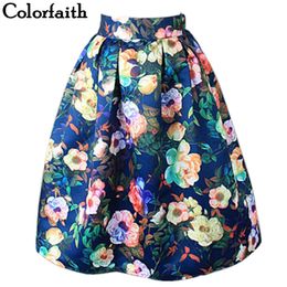 Women Midi Pleated Skirts Vintage Floral Printed Ball Gown High Waist Flared Knee Length Skater Skirts Saias Femininas SK046 T200712