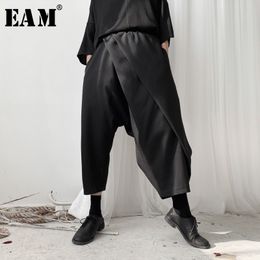 [EAM] High Elastic Waist Black Brief Split Harem Trousers New Loose Fit Pants Women Fashion Tide Spring Autumn 2020 - LJ201030