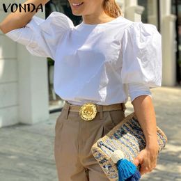 Women's Blouses & Shirts Women Blouse Tops 2022 VONDA Female Casual Half Sleeve Crew Neck Puff Sleeves Pleated Blusas Femininas Oversized