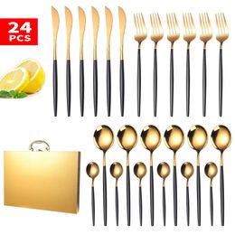 24Pcs/Set Black Gold Cutlery Set Upscale Home Tableware Set 304 Stainless Steel Dinnerware Set Knife Fork Spoon Dinner Service 201116
