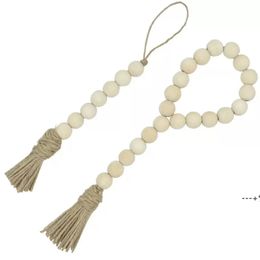 NEWNatural Wooden Tassel Bead String Chain Hand Made Wood Farmhouse Decoration Beads with Tassel Hemp Rope Home Decor Wall RRF12931