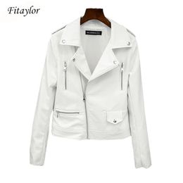 Fitaylor New Spring Autumn Women Biker Leather Jacket Soft PU Punk Outwear Casual Motor Faux Leather White Jacket 201226